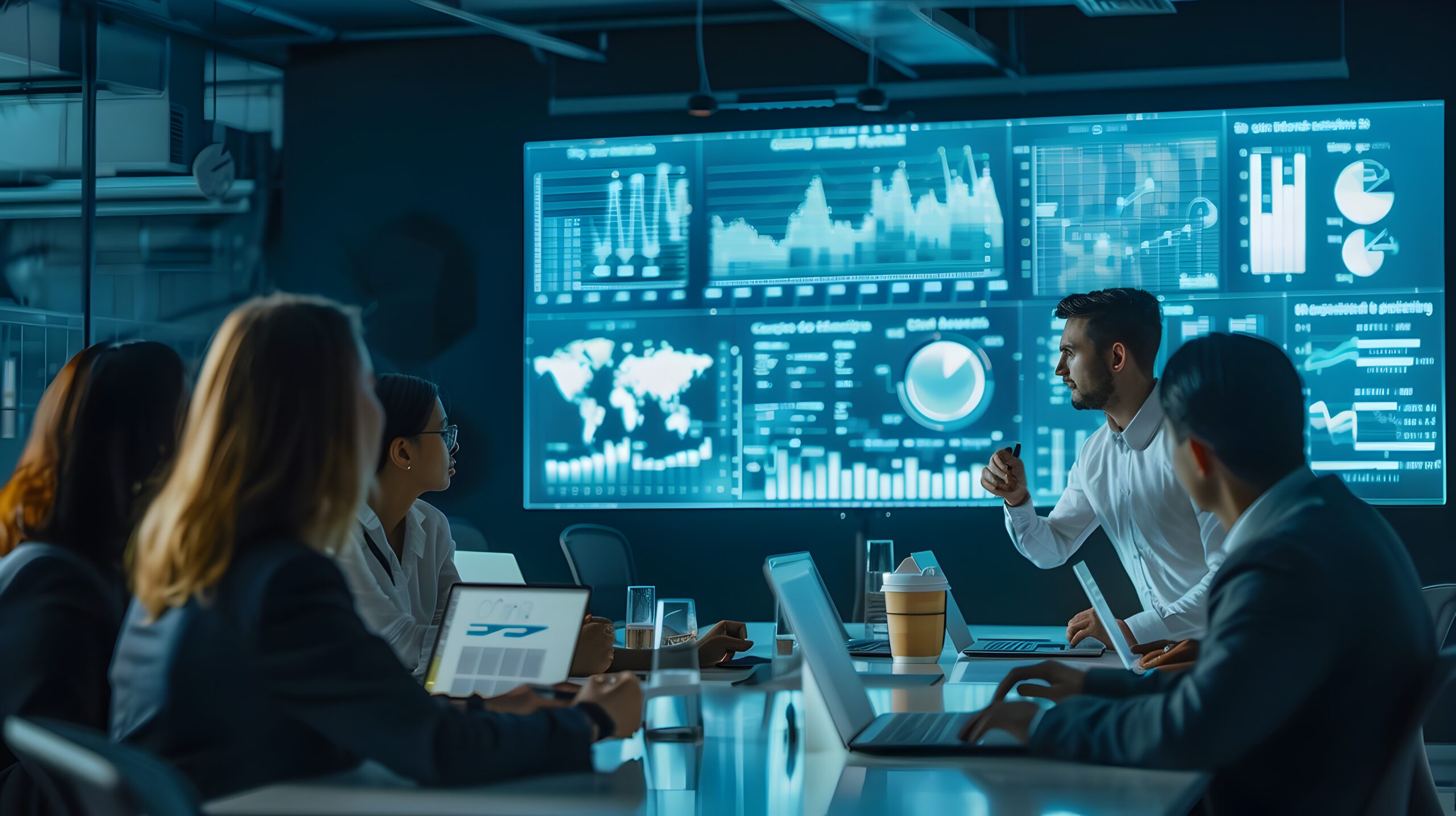 A group of professionals gathered around a large digital screen,intently examining various data visualizations and charts The scene depicts a collaborative technology-driven work environment where a