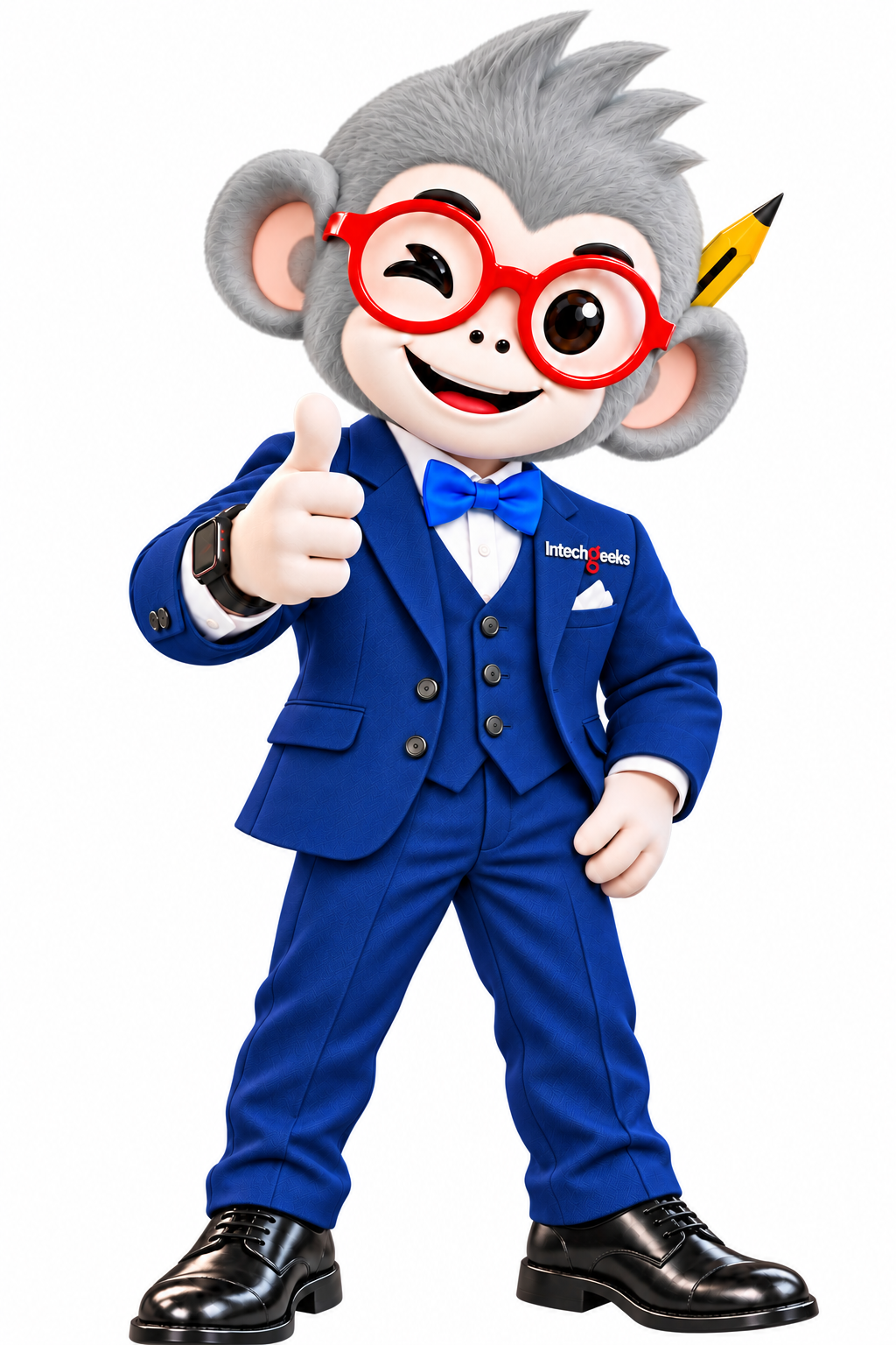 Geeky en costume bleu vous accueille.